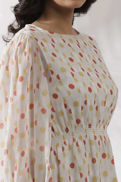 White Polka Dot Printed Gathered Western Dress - View 3